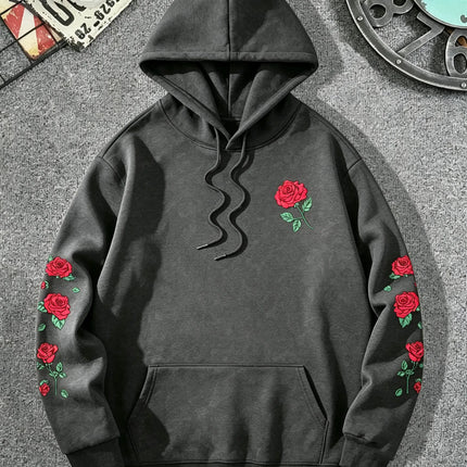 Men Rose Print Pullover Hoodie Casual Long Sleeve Streetwear Hip‑Hop Hooded Sweatshirt For Autumn Winter Women Warm Fleece Tops