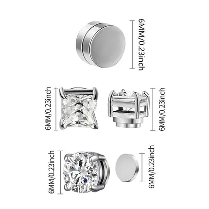 3 paia di orecchini a clip magnetici resistenti in cristallo per uomini e donne Orecchini con magnete zircone rotondo punk Gioielli non penetranti platinumshop