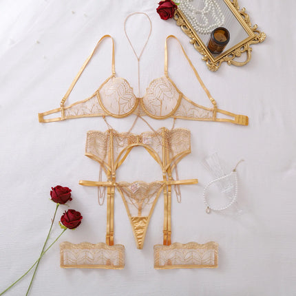 2026 Metal Chain Decor Perspective Lingerie Set Women's Sexy Lace Slim Underwear Split Set Female See Through Bra and Panty Set