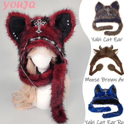 Y2K Gothic Punk Cat Ear Hat with Cross Wing Chain Decoration Plush Warm Winter Subculture Goth Rock Musi Cap Bombero Gorro Ruso