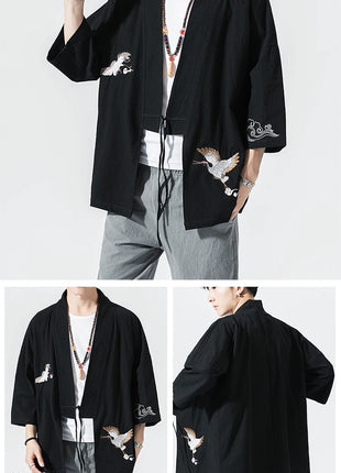 Camicie gru ricamate stile cinese retrò cotone lino Tang vestito Cardigan Mens tradizionale Kung Fu Tai Chi Casual Top camicette
