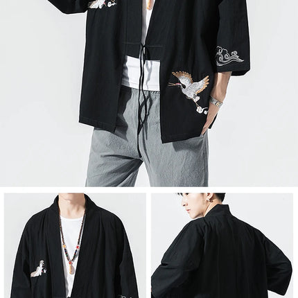Camicie gru ricamate stile cinese retrò cotone lino Tang vestito Cardigan Mens tradizionale Kung Fu Tai Chi Casual Top camicette