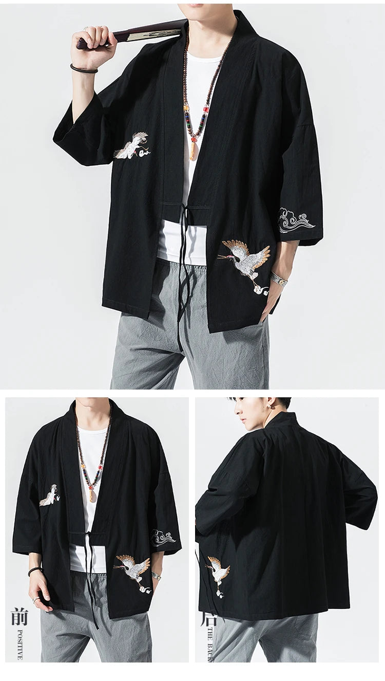 Camicie gru ricamate stile cinese retrò cotone lino Tang vestito Cardigan Mens tradizionale Kung Fu Tai Chi Casual Top camicette
