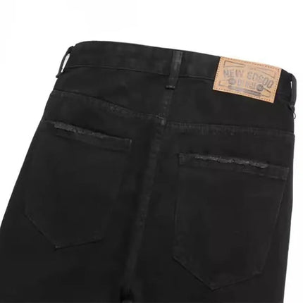 Autumn And Winter Retro Black Ripped Jeans Men'S Straight Leg Pants Pentagram Patch Casual Jeans Pants PlatiNum