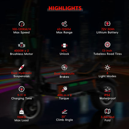Halo Knight T107 Max Scooter elettrico 13 pollici Off Road Pneumatico 4000W * 2 Doppio motore 72V 50Ah Batteria E-Scooter per pendolarismo urbano