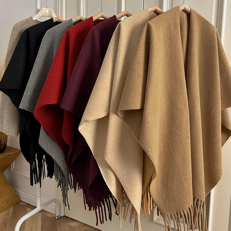 Women Split‑Open Woolen Tassel Poncho Shawl Thick Warm Cape Coat Autumn Winter Travel Photography Outer Wrap