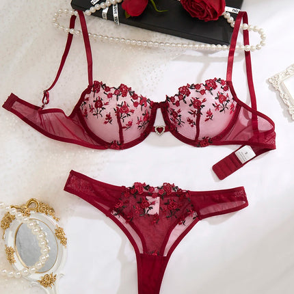 Ladies' Wine Red Heart-Shaped Design Embroidered Semi Transparent Comfortable Breathable Underwear Set, Suitable ZA825026