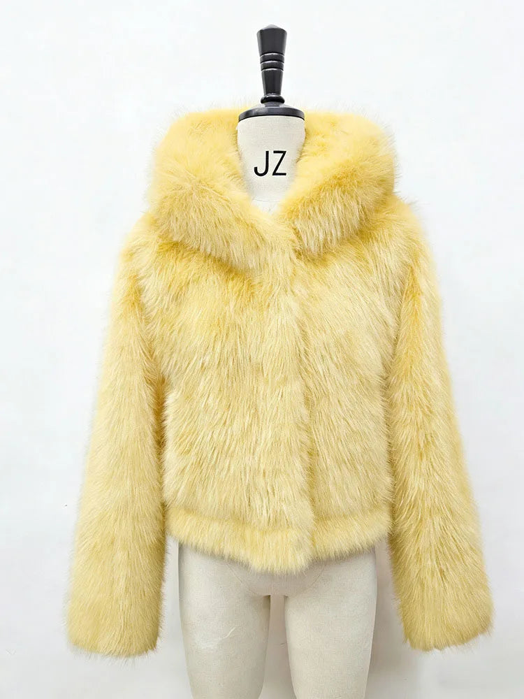 BKQU Winter Pink Imitation Fur Coat Elegant Big Fur Trim Hood Women's Jacket Warm Plush Cropped Sweet Lady Faux Fur Coat  2026