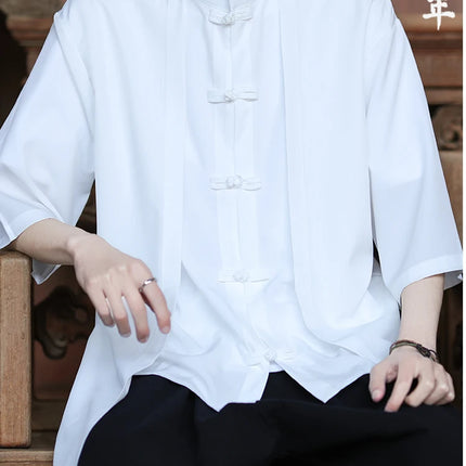 Camicia cinese da uomo in seta di ghiaccio stile cinese comoda camicia retrò traspirante da uomo casual estiva vestibilità ampia moda tinta unita