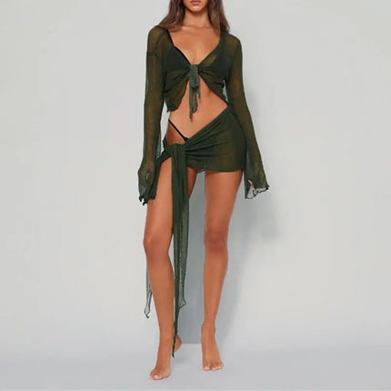 R7UF Costume da bagno da donna a maniche lunghe in rete trasparente 2 pezzi Copricostume da spiaggia Abito con fasciatura con platinumshop