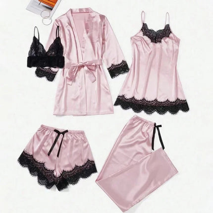 5 pezzi pigiama da notte in raso da donna set accappatoio lingerie sexy accappatoio abito da notte in seta di pizzo pantaloni indumenti da notte vestiti per la casa PJ