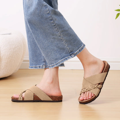 Eyriphy New Women Open Toe Leopard Slides With Adjustable Buckle Classic Flat Sandals Casual Cork Footbed Women's Slippers