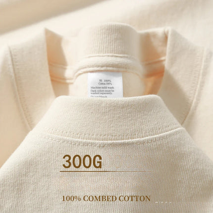 Beige 300g Heavyweight Cotton Short Sleeved T-shirt Summer Round Neck Loose and Base Shirt for Men Women Basic Tee PlatiNum