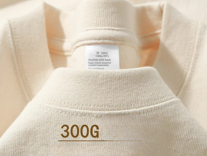 Beige 300g Heavyweight Cotton Short Sleeved T-shirt Summer Round Neck Loose and Base Shirt for Men Women Basic Tee PlatiNum