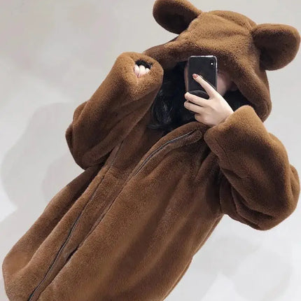 Cosy Loose Faux Fur Coat Womens Faux Fur Fuzzy Hooded Fluffy Ears Surcoat Overcoat Woman Winter Warm Outerwear Snowy Day Wrap