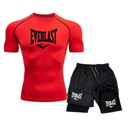 EVERLAST Camicia da Compressione da Uomo + Pantaloncini Sportivi 2 in 1 Set da 2 Pezzi per Il Tempo Libero Respiro Manica Corta Sport Jogging Palestra Marchio di Abbigliamento Stampa platinumshop