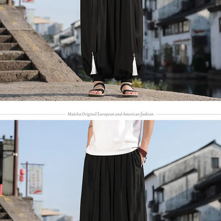 Pantaloni Stile Cinese da Uomo, Etnici in Lino a Gamba Larga, Design con Cavallo Morbido, Pantaloni da Ballo, Casual, Hanfu, Stile Lanterna, 8XL