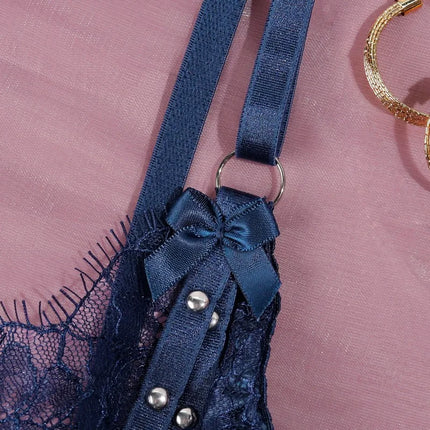 Toucheart Erotic Lingerie Lace See-through Bow Knot Decor Patchwork Body Shaping Hollow Intimate Women Flirt Hot Underwear Set