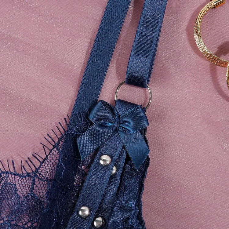 Toucheart Erotic Lingerie Lace See-through Bow Knot Decor Patchwork Body Shaping Hollow Intimate Women Flirt Hot Underwear Set