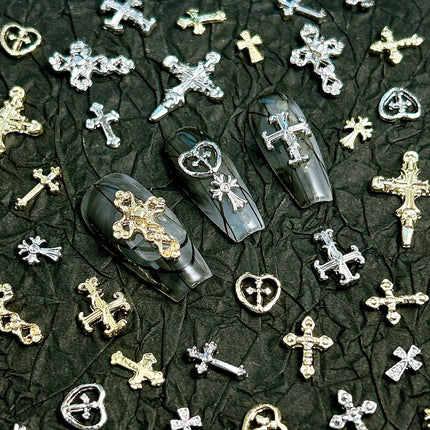 30PCS Multiple Style Shiny Alloy Cross Nail Art Charms 3D Retro Creative Heart Cross Nail Decorations for DIY Y2K Nails Designs