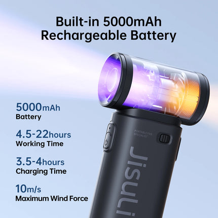 Ventilatore Portatile JISULIFE Life9, Potenza Turbo ad Alta Velocità [18 Ore di Raffreddamento Massimo], 5 Velocità del Vento, Ricaricabile 5000mAh, Design Mini Tascabile, Ventilatore Personale per Viaggi, Concerti, Campegg