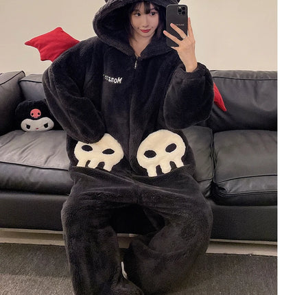 Cartoon Devil Pajamas Couples Women Men Onesie Sleepwear Winter Thicken Hooded Loungewear Coral Fleece Homewear Pijama Disfraz