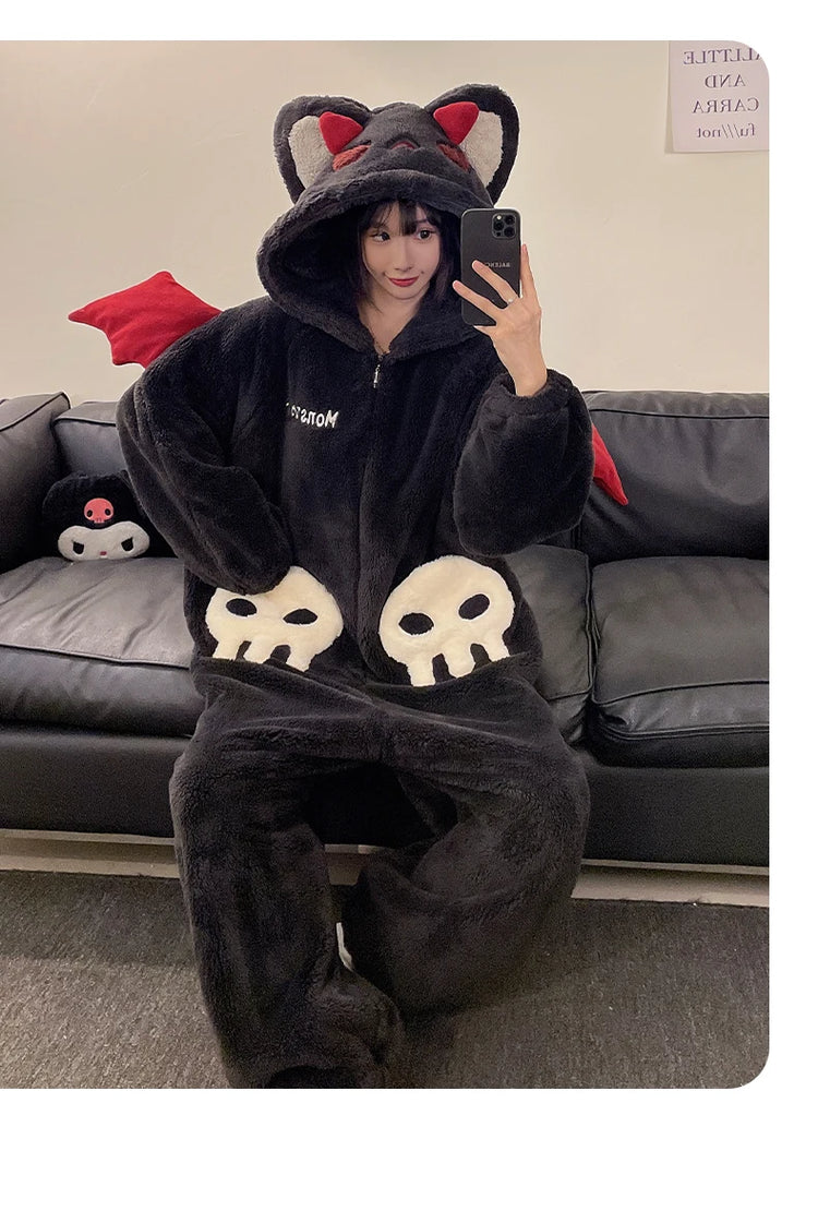 Cartoon Devil Pajamas Couples Women Men Onesie Sleepwear Winter Thicken Hooded Loungewear Coral Fleece Homewear Pijama Disfraz