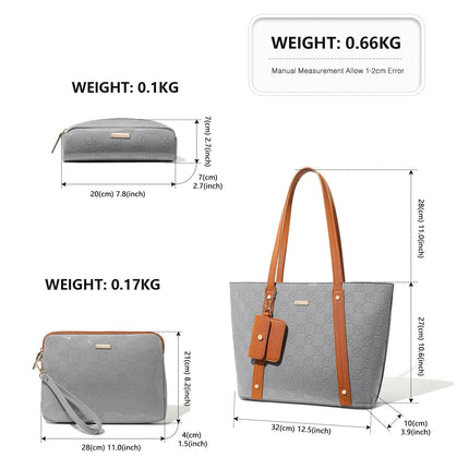 Miss Lulu WOMEN'S Handbag Set, Medium Shopper bag, 3-Piece Set Shoulder Bags FOR WOMEN'S, Elegant Handbag PlatiNum