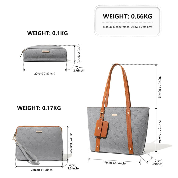 Miss Lulu WOMEN'S Handbag Set, Medium Shopper bag, 3-Piece Set Shoulder Bags FOR WOMEN'S, Elegant Handbag PlatiNum
