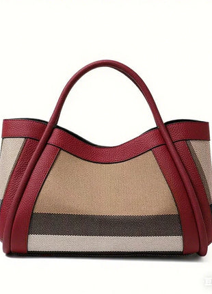 Borsa Tote in Tessuto a Righe con Bordi in Ecopelle, Manico Largo, Borsa a Spalla Grande per Uso Quotidiano e Pendolarismo