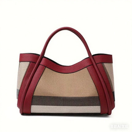 Borsa Tote in Tessuto a Righe con Bordi in Ecopelle, Manico Largo, Borsa a Spalla Grande per Uso Quotidiano e Pendolarismo