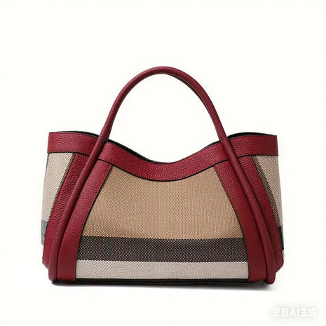 Borsa Tote in Tessuto a Righe con Bordi in Ecopelle, Manico Largo, Borsa a Spalla Grande per Uso Quotidiano e Pendolarismo