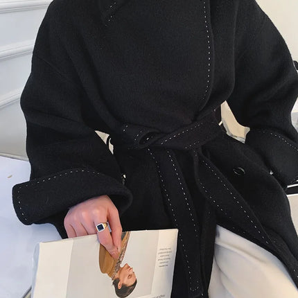 New Solid Korean Style Women Wool Coat Arch Needle Large Neck Versatile Fashion Texture Double Sided Trench Coats Female Winter