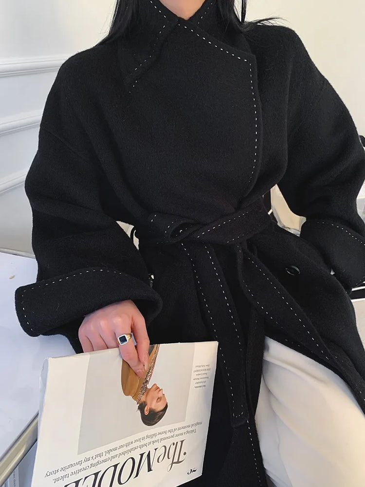 New Solid Korean Style Women Wool Coat Arch Needle Large Neck Versatile Fashion Texture Double Sided Trench Coats Female Winter