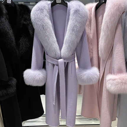 YOLOAgain Women's 100% Wool Coat Long With Detachable Real Fox Fur Collar 2025 Autumn Elegant Double-Sided Wool Coat