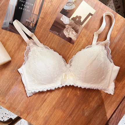 French Lace Bra Wireless Push Up Bralette for Small Bust Adjustable Straps Anti Sagging Support Sexy Lace Up Lingerie Panty Set