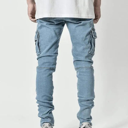 2025 New Men Street Elastic Denim Brand Jeans Narrow Legs Multi Pockets Cargo Pants Casual Slim Fit Daily Wear Joggers Mid Waist PlatiNum