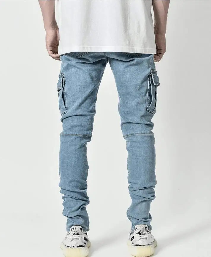 2025 New Men Street Elastic Denim Brand Jeans Narrow Legs Multi Pockets Cargo Pants Casual Slim Fit Daily Wear Joggers Mid Waist PlatiNum