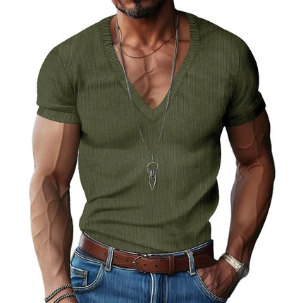 Men's European and American Summer Corduroy Solid Color Slim Casual V-Neck T-Shirt Amazon