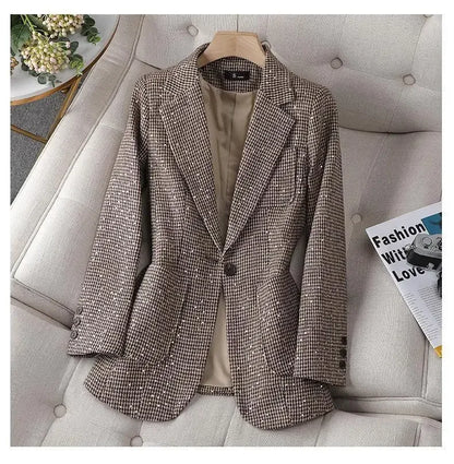 Women's Blazer Two-piece Set Spring Autumn New Fashion Glitter Vintage Suit Jacket Elegant Casual Shorts +Shiny Check Outwear Se