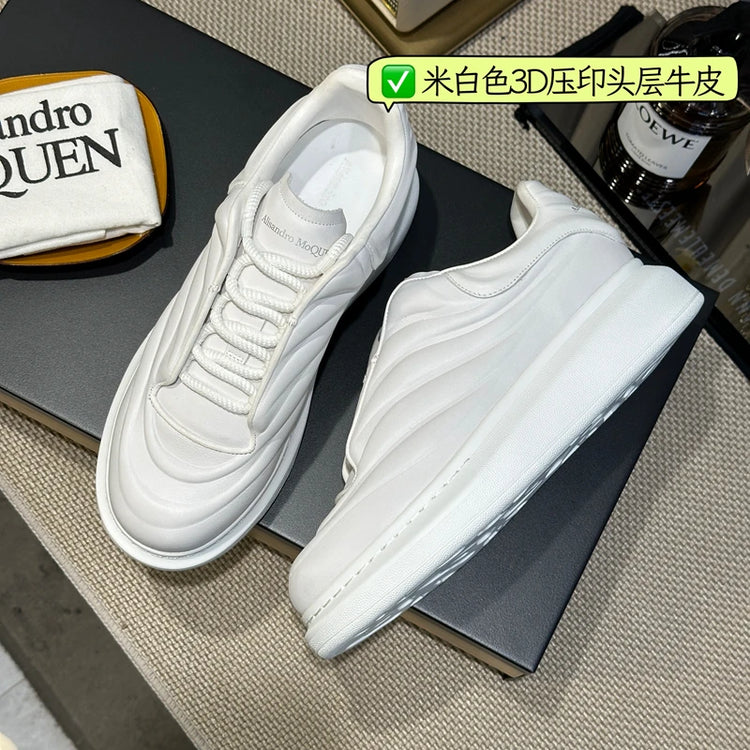 Handcrafted Platform Casual Shoes Calf Leather Man White Fashion Sneakers Round-toed Thick soled Trainers Oversized Sports Shoes