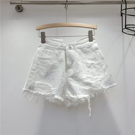 Women's Rhinestone Denim Shorts, High Waist, Stretchy, Vintage Wash, Distressed Effect, Summer 2026 Streetwear Style