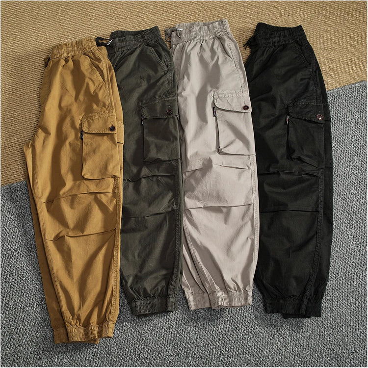 Men Elastic Drawstring Waist Jogger Cargo Pants Multi Button Pockets Vintage Washed Tapered Ankle Cuff Casual Street Trousers