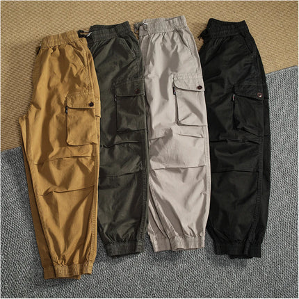 Men Elastic Drawstring Waist Jogger Cargo Pants Multi Button Pockets Vintage Washed Tapered Ankle Cuff Casual Street Trousers