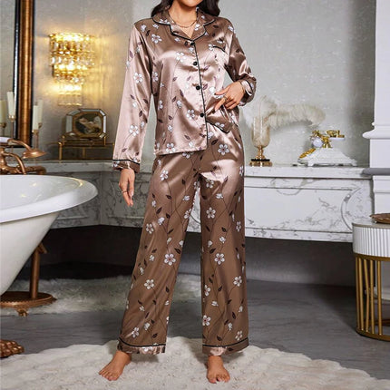 Pigiama da donna con stampa floreale color block, maniche lunghe e pantaloni in raso per un sonno confortevole, morbido pigiama e pigiama da notte