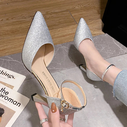 Bling Gold Silver Women Pumps 2023 Sexy Point Toe Thin Heel Party Wedding Shoes Womens Summer Ankle Strap 8cm High Heels Shoes PlatiNum