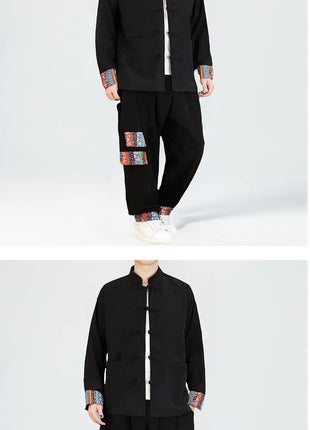 2026 Uomini di Stile Cinese Retro Tang Vestito Da Uomo di Velluto A Coste Patchwork Set Stampato Int