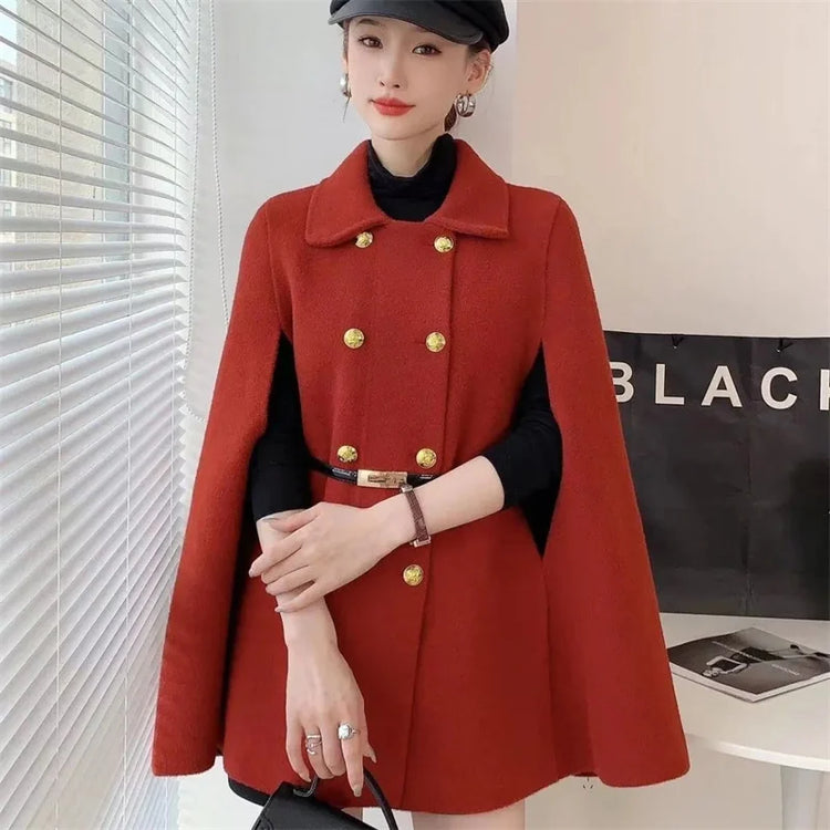 High end Casual Simple and Trendy New Cape Double Row Knitted Woolen Coat 2026 Autumn Waist Cinching Fashionable Slimming Coat