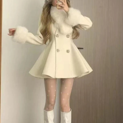 Elegant Warm Winter Fur Collar Woolen Coat Women French Style Hepburn Slim Mid-length Outwear 2025 Vintage Lolita Chic Outfits