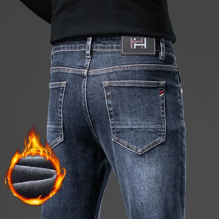 2026 New Winter Classic Brand Business Casual Velvet Plush Trousers Men Fleece Jeans Slim Straight Thicken Stretch Denim Pants